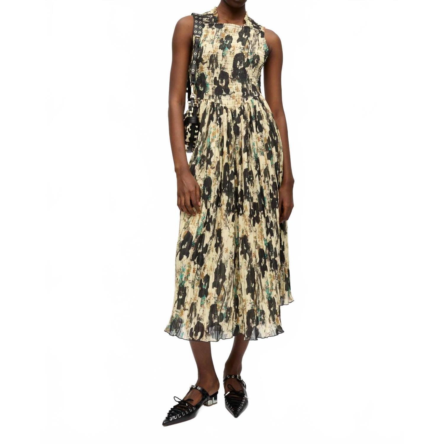 New Ganni Pleats Smock Midi Straps Dress In Afterglow